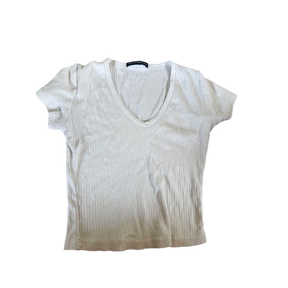 Brandy Melville White Ribbed V-Neck Short Sleeve Top Made in Italy One Size